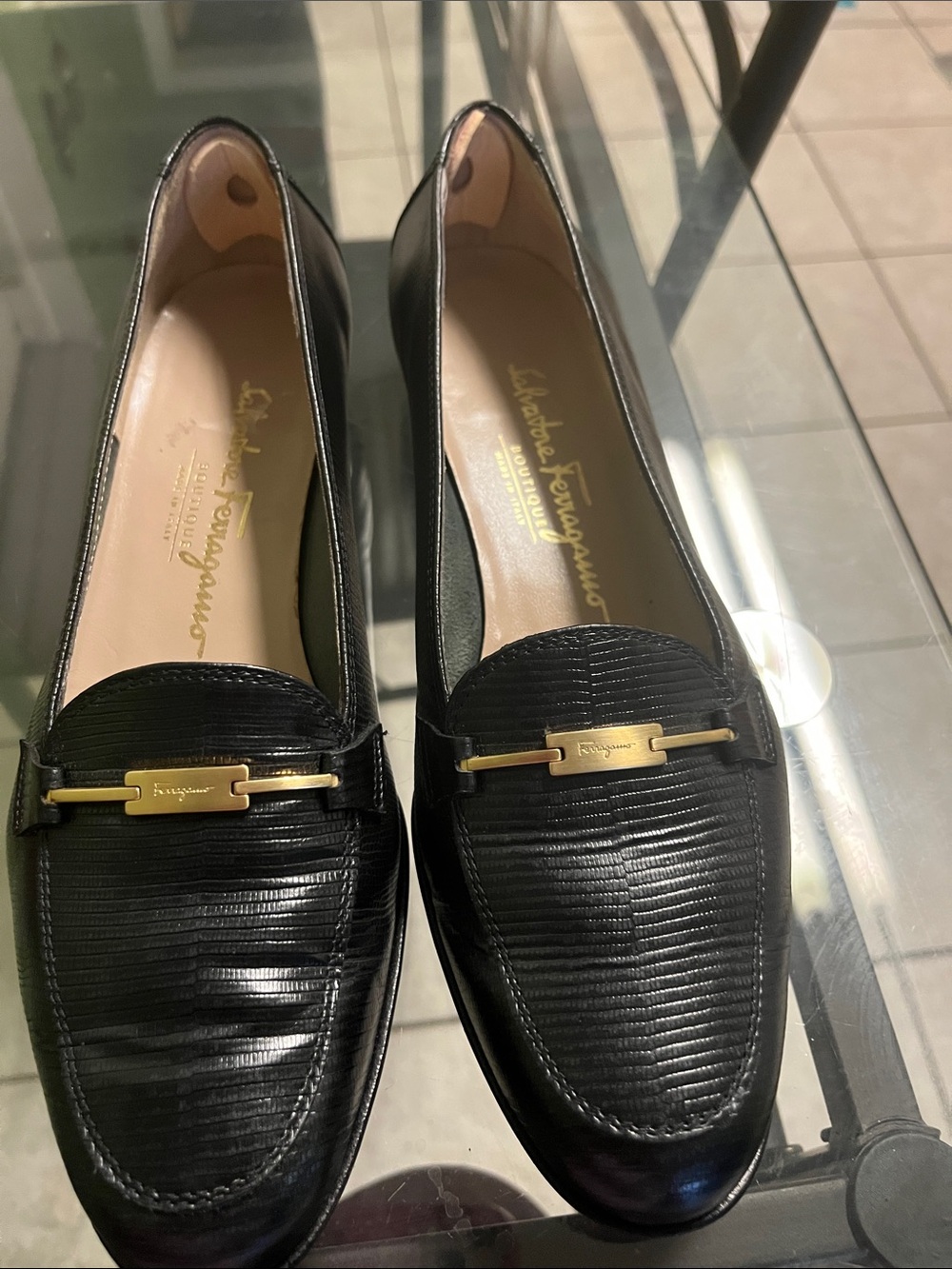 Salvatore Ferragamo Black Leather Loafers with Gold Bar